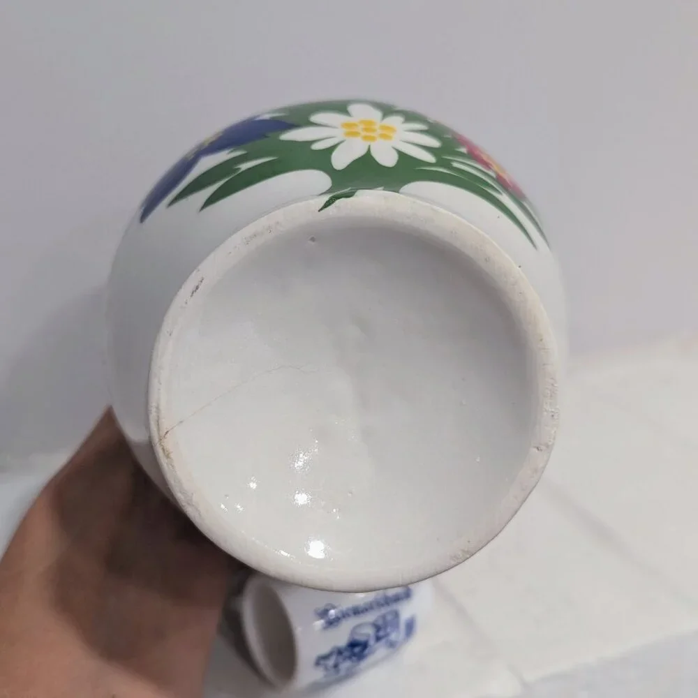 VTG Bavarian Enzian Liqueur Decanter Attached Shot Glass Floral Barware 60s